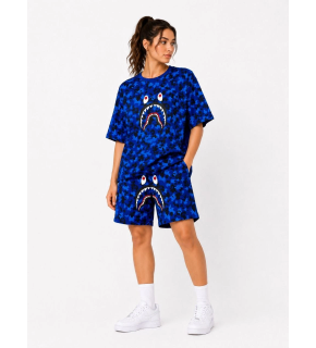 Kadın Oversize Kalıp Pubg Bape X Shark Nakışlı Cepli Şort Takım - Mavi