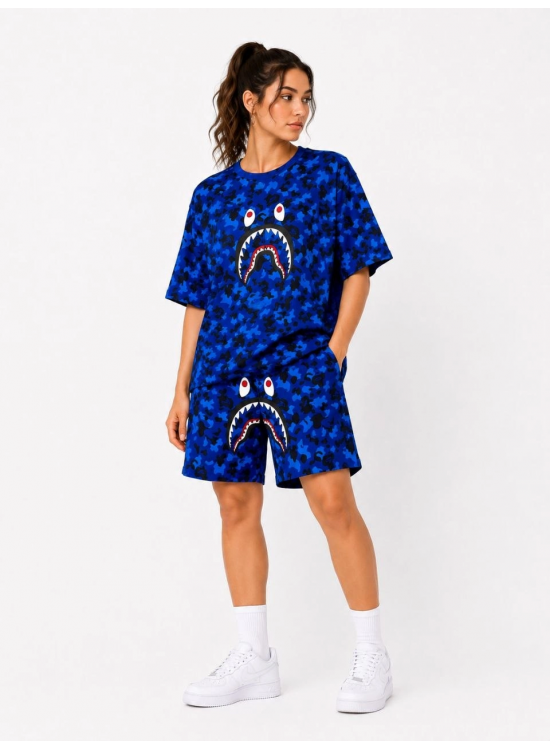Kadın Oversize Kalıp Pubg Bape X Shark Nakışlı Cepli Şort Takım - Mavi Kadın Oversize Kalıp Pubg Bape X Shark Nakışlı Cepli Şort Takım - Mavi