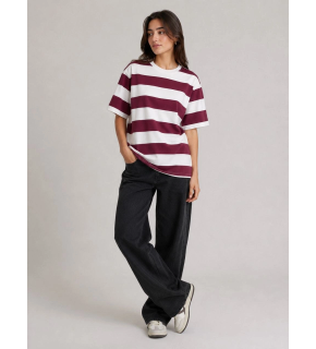 Kadın Çizgili Oversize Tişört Bisiklet Yaka Kısa Kol Yazlık T-Shirt - Bordo
