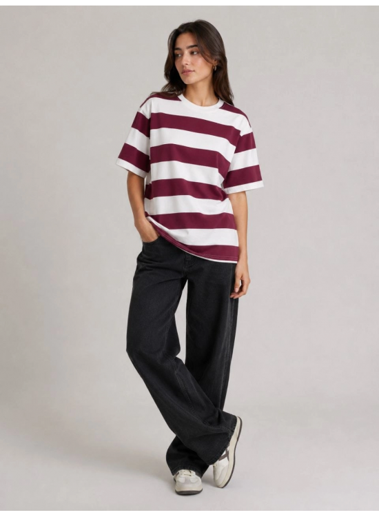 Kadın Çizgili Oversize Tişört Bisiklet Yaka Kısa Kol Yazlık T-Shirt - Bordo Kadın Çizgili Oversize Tişört Bisiklet Yaka Kısa Kol Yazlık T-Shirt - Bordo