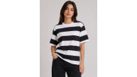 Kadın Çizgili Oversize Tişört Bisiklet Yaka Kısa Kol Yazlık T-Shirt - Siyah Kadın Çizgili Oversize Tişört Bisiklet Yaka Kısa Kol Yazlık T-Shirt - Siyah
