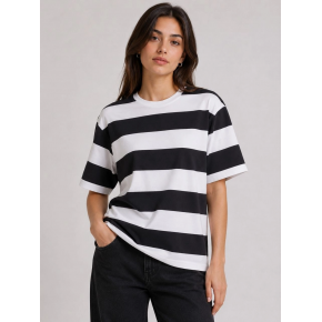 Kadın Çizgili Oversize Tişört Bisiklet Yaka Kısa Kol Yazlık T-Shirt - Siyah