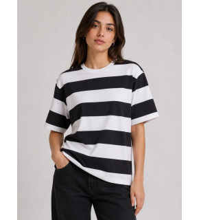 Kadın Çizgili Oversize Tişört Bisiklet Yaka Kısa Kol Yazlık T-Shirt - Siyah