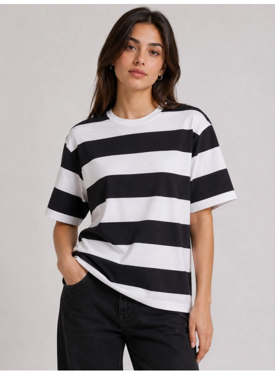 Kadın Çizgili Oversize Tişört Bisiklet Yaka Kısa Kol Yazlık T-Shirt - Siyah Kadın Çizgili Oversize Tişört Bisiklet Yaka Kısa Kol Yazlık T-Shirt - Siyah