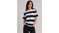 Kadın Çizgili Oversize Tişört Bisiklet Yaka Kısa Kol Yazlık T-Shirt - Siyah Kadın Çizgili Oversize Tişört Bisiklet Yaka Kısa Kol Yazlık T-Shirt - Siyah