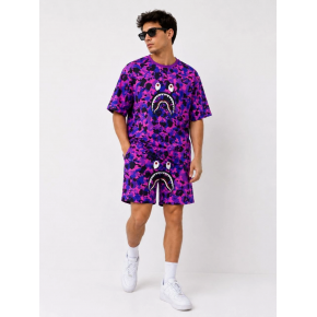 Erkek Oversize Kalıp Pubg Bape X Shark Nakışlı Cepli Şort Takım - Mor