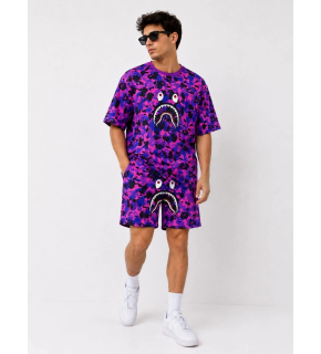 Erkek Oversize Kalıp Pubg Bape X Shark Nakışlı Cepli Şort Takım - Mor