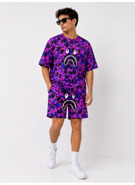 Erkek Oversize Kalıp Pubg Bape X Shark Nakışlı Cepli Şort Takım - Mor Erkek Oversize Kalıp Pubg Bape X Shark Nakışlı Cepli Şort Takım - Mor