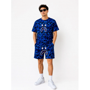 Erkek Oversize Kalıp Pubg Bape X Shark Nakışlı Cepli Şort Takım - Mavi