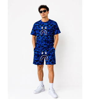 Erkek Oversize Kalıp Pubg Bape X Shark Nakışlı Cepli Şort Takım - Mavi