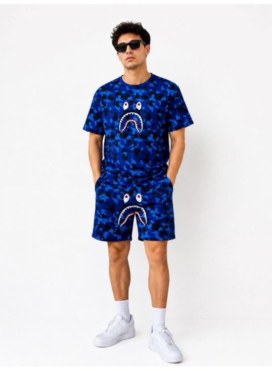 Erkek Oversize Kalıp Pubg Bape X Shark Nakışlı Cepli Şort Takım - Mavi