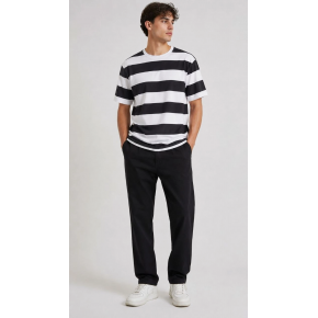 Erkek Çizgili Oversize Tişört Bisiklet Yaka Kısa Kol Yazlık T-Shirt - Siyah