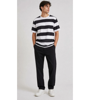 Erkek Çizgili Oversize Tişört Bisiklet Yaka Kısa Kol Yazlık T-Shirt - Siyah