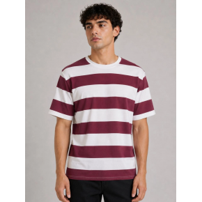 Erkek Çizgili Oversize Tişört Bisiklet Yaka Kısa Kol Yazlık T-Shirt - Bordo