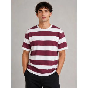 Erkek Çizgili Oversize Tişört Bisiklet Yaka Kısa Kol Yazlık T-Shirt - Bordo