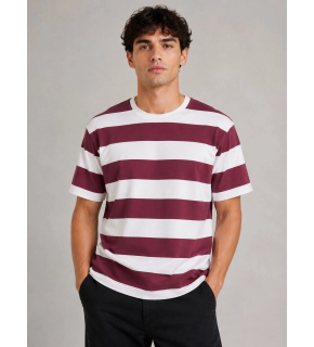 Erkek Çizgili Oversize Tişört Bisiklet Yaka Kısa Kol Yazlık T-Shirt - Bordo