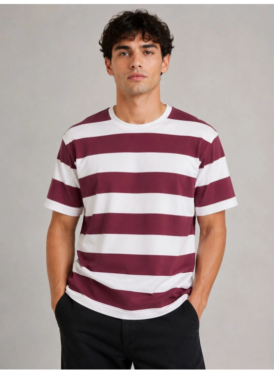 Erkek Çizgili Oversize Tişört Bisiklet Yaka Kısa Kol Yazlık T-Shirt - Bordo Erkek Çizgili Oversize Tişört Bisiklet Yaka Kısa Kol Yazlık T-Shirt - Bordo