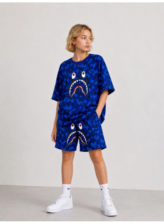 Erkek Çocuk Oversize Kalıp Pubg Bape X Shark Nakışlı Cepli Şort Takım - Siyah Erkek Çocuk Oversize Kalıp Pubg Bape X Shark Nakışlı Cepli Şort Takım - Siyah