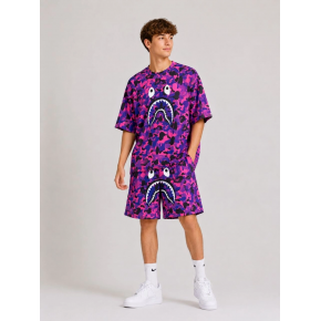 Erkek Çocuk Oversize Kalıp Pubg Bape X Shark Nakışlı Cepli Şort Takım - Mor