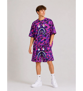 Erkek Çocuk Oversize Kalıp Pubg Bape X Shark Nakışlı Cepli Şort Takım - Mor