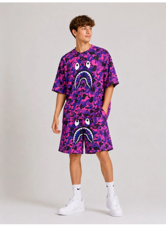 Erkek Çocuk Oversize Kalıp Pubg Bape X Shark Nakışlı Cepli Şort Takım - Mor Erkek Çocuk Oversize Kalıp Pubg Bape X Shark Nakışlı Cepli Şort Takım - Mor