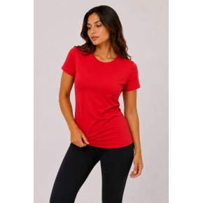 Kadın Basic Tişört Bisiklet Yaka Kısa Kol Günlük Yazlık Slim fit T-Shirt - Kırmızı