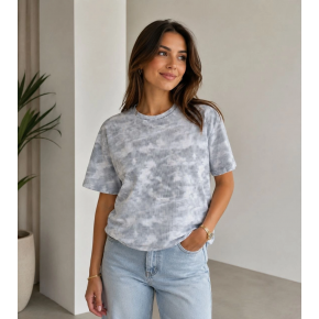 Kadın Batik Desenli Tişört Bisiklet Yaka Kısa Kol Regular Fit T-shirt - Gri
