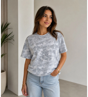 Kadın Batik Desenli Tişört Bisiklet Yaka Kısa Kol Regular Fit T-shirt - Gri