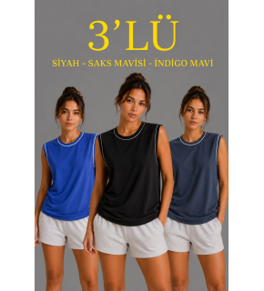 Kadın 3’lü Kolsuz Sporcu Atlet Seti Yazlık Bisiklet Yaka - Siyah, Saks Mavisi, İndigo