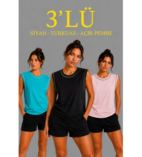 Kadın 3’lü Kolsuz Sporcu Atlet Seti Yazlık Bisiklet Yaka - Siyah, Turkuaz, Pembe