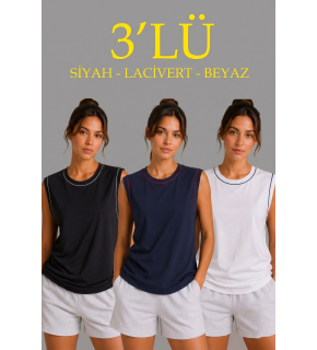 Kadın 3’lü Kolsuz Sporcu Atlet Seti Yazlık Bisiklet Yaka - Siyah, Lacivert, Beyaz