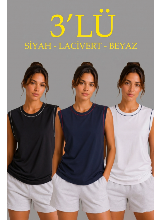Kadın 3’lü Kolsuz Sporcu Atlet Seti Yazlık Bisiklet Yaka - Siyah, Lacivert, Beyaz Kadın 3’lü Kolsuz Sporcu Atlet Seti Yazlık Bisiklet Yaka - Siyah, Lacivert, Beyaz