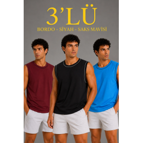 Erkek 3’lü Kolsuz Sporcu Atlet Seti Yazlık Bisiklet Yaka - Siyah, Bordo, Turkuaz