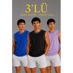 Erkek 3’lü Kolsuz Sporcu Atlet Seti Yazlık Bisiklet Yaka - Siyah, Lila, Saks Mavisi