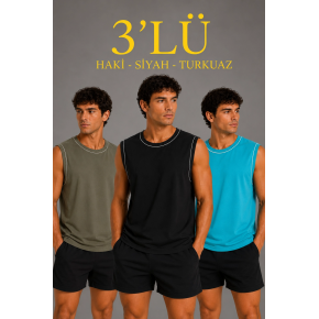 Erkek 3’lü Kolsuz Sporcu Atlet Seti Yazlık Bisiklet Yaka - Siyah, Haki, Açık Mavi