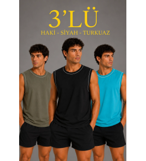 Erkek 3’lü Kolsuz Sporcu Atlet Seti Yazlık Bisiklet Yaka - Siyah, Haki, Açık Mavi