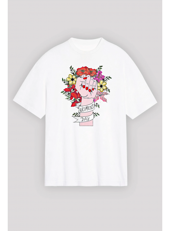8 Mart Dünya Kadınlar Günü Baskılı Oversize Bisiklet Yaka T-shirt - Beyaz