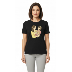 Anneler Günü Hediye Anne Kız Temalı Baskılı Oversize Bisiklet Yaka T-shirt - Siyah