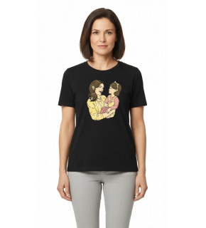 Anneler Günü Hediye Anne Kız Temalı Baskılı Oversize Bisiklet Yaka T-shirt - Siyah