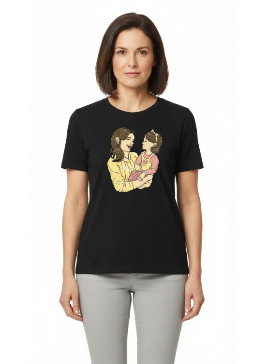 Anneler Günü Hediye Anne Kız Temalı Baskılı Oversize Bisiklet Yaka T-shirt - Siyah