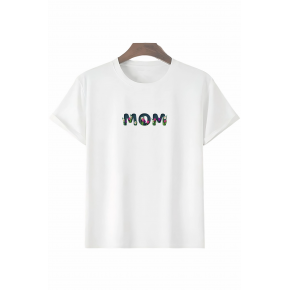 Anneler Günü Hediye Mom Çiçek Baskılı Oversize Bisiklet Yaka T-shirt - Beyaz