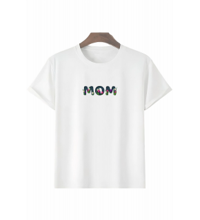 Anneler Günü Hediye Mom Çiçek Baskılı Oversize Bisiklet Yaka T-shirt - Beyaz