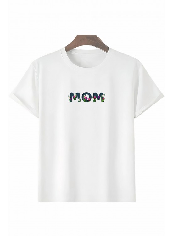 Anneler Günü Hediye Mom Çiçek Baskılı Oversize Bisiklet Yaka T-shirt - Beyaz