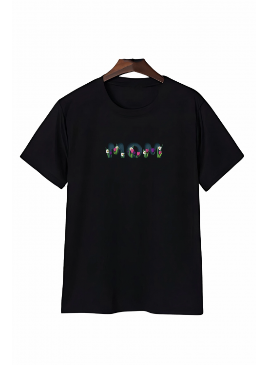 Anneler Günü Mom Çiçek Temalı Baskılı Oversize Bisiklet Yaka T-shirt - Siyah