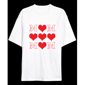 Anneler Günü Hediye MOM Kalp Baskılı Oversize Bisiklet Yaka T-shirt - Beyaz