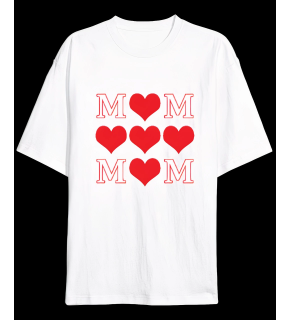 Anneler Günü Hediye MOM Kalp Baskılı Oversize Bisiklet Yaka T-shirt - Beyaz