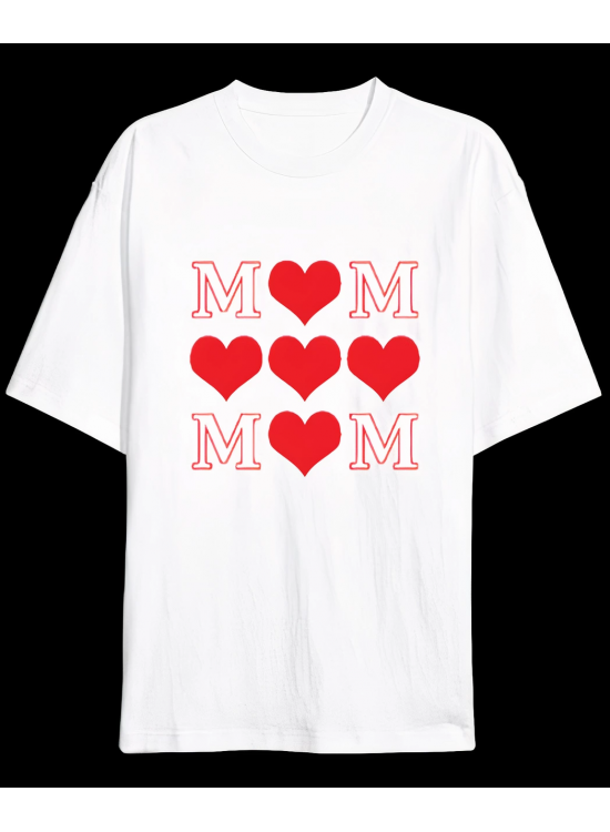Anneler Günü Hediye MOM Kalp Baskılı Oversize Bisiklet Yaka T-shirt - Beyaz