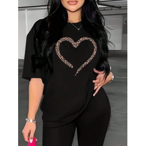 Kadın Kalp Baskılı T-Shirt Kısa Kol Bisiklet Yaka Oversize Tişört - Siyah