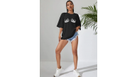 Kadın Baskılı T-Shirt Kısa Kol Bisiklet Yaka Oversize Rahat Kalıp Tişört - Siyah Kadın Baskılı T-Shirt Kısa Kol Bisiklet Yaka Oversize Rahat Kalıp Tişört - Siyah