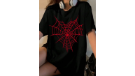 Kadın Örümcek Ağ Baskılı T-Shirt Kısa Kol Bisiklet Yaka Oversize Tişört - Siyah Kadın Örümcek Ağ Baskılı T-Shirt Kısa Kol Bisiklet Yaka Oversize Tişört - Siyah